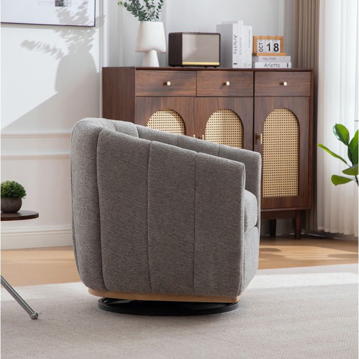 Fauteuil club pivotant 360° AESVAR en chenille grise avec base ronde en métal