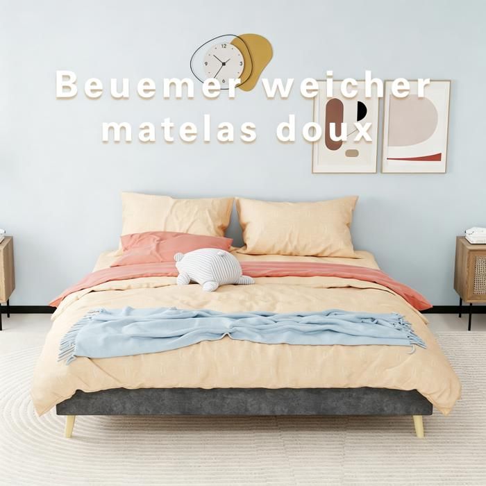URTR Lit plateforme moderne 160x200 velours hollandais coffre bas sans vérin sans tête de lit ni matelas élégant Gris