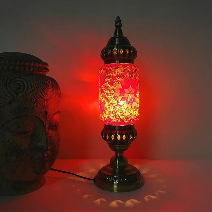 Lampe de Table Turque Marocaine Mosaïque en Verre Fait Main Base Bronze Lampe de Chevet Décorative LED Rouge red LAMPE A POSER