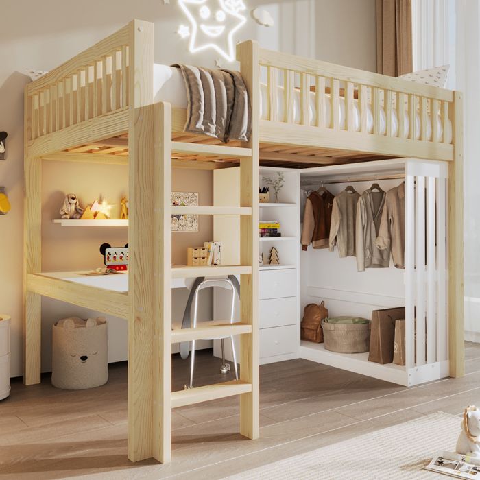 Lit mezzanine 140x200 cm en bois bureau armoire 3 tiroirs rangements ouverts rambarde escalier sans matelas chêne clair