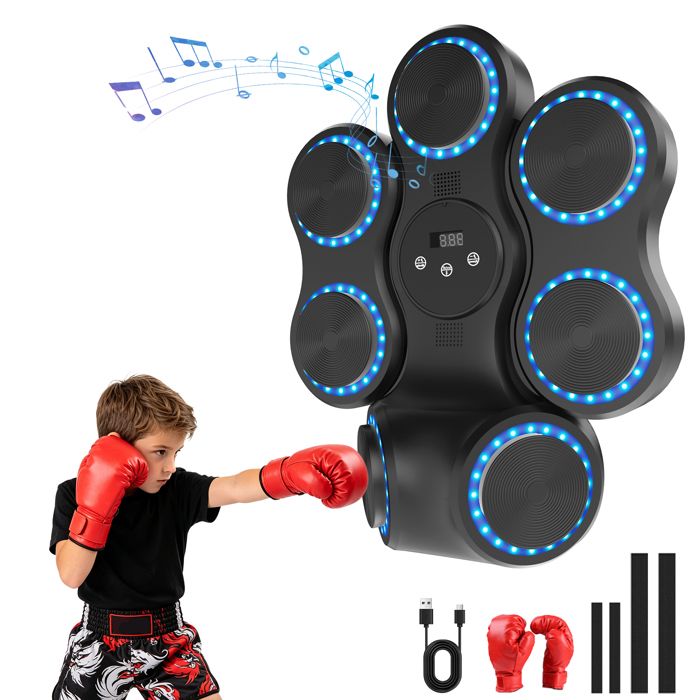 Machine de boxe musicale Bluetooth Boxing Machine 7 cibles LED 9 vitesses 11 modes 5 niveaux volume compteur Gants enfant