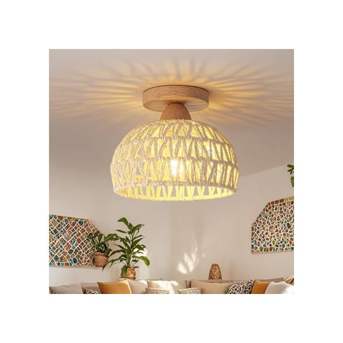 Plafonnier Rotin Luminaire Plafonnier LED Blanc Cassé Abat - Jour Suspension Luminaire Intérieur pour Chambre Salon Cuisine Salle