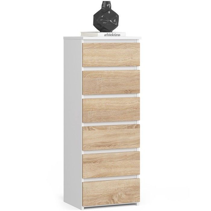 Commode AKORD CL6 Blanche 40 cm 6 tiroirs façade Chêne Sonoma 40x35x109 cm Commode AKORD CL6 Blanche 40 cm 6 tiroirs façade Chêne Sonoma 40x35x109 cm