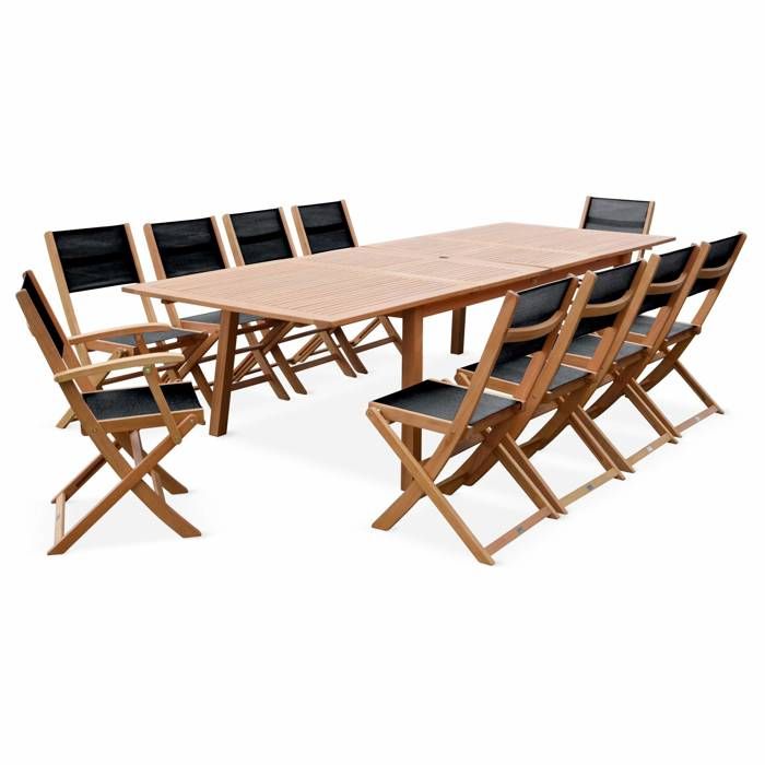 salon de jardin en bois eucalyptus extensible - almeria - table 200/250/300cm avec 2 rallonges, 2 fauteuils et 8 chaises, noir