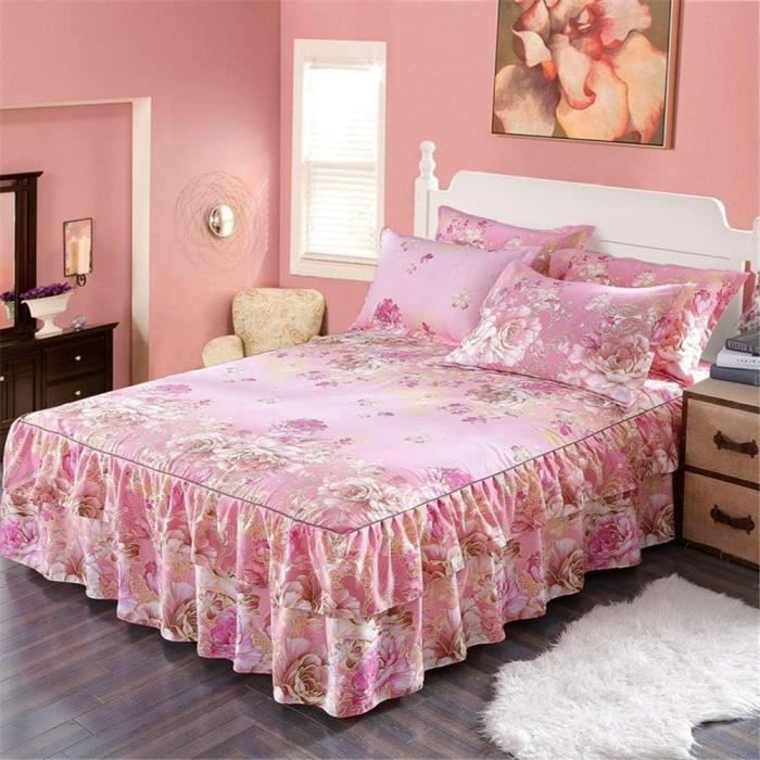 Jupe De Lit à Volants Élastique Highdi - Couvre Sommier Rose 150x200cm Microfibre Douce
