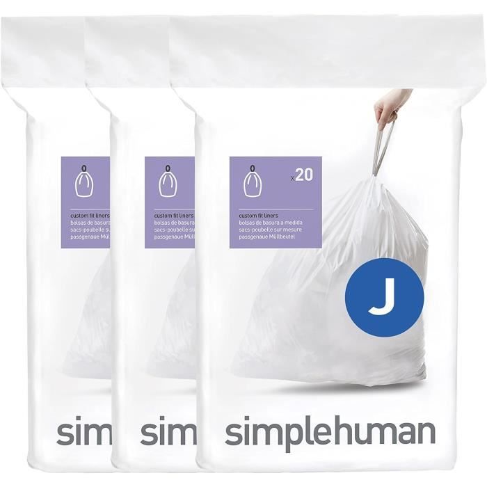 Simplehuman CW0254 Code D, Sacs Poubelle Sur Mesure, 3 X Paquet De 20 (60 Sacs), Plastique Blanc