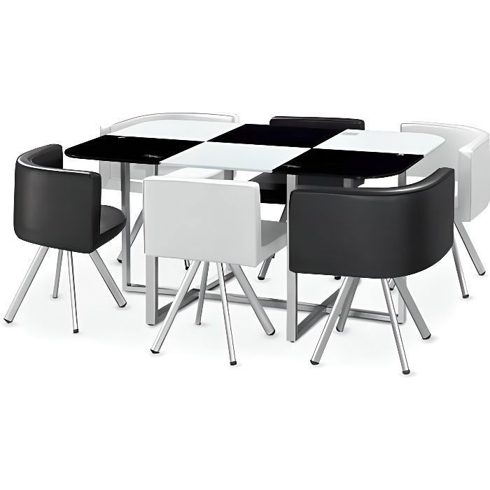 Ensemble Table de repas avec 6 chaises Design MADRID Noir & Blanc