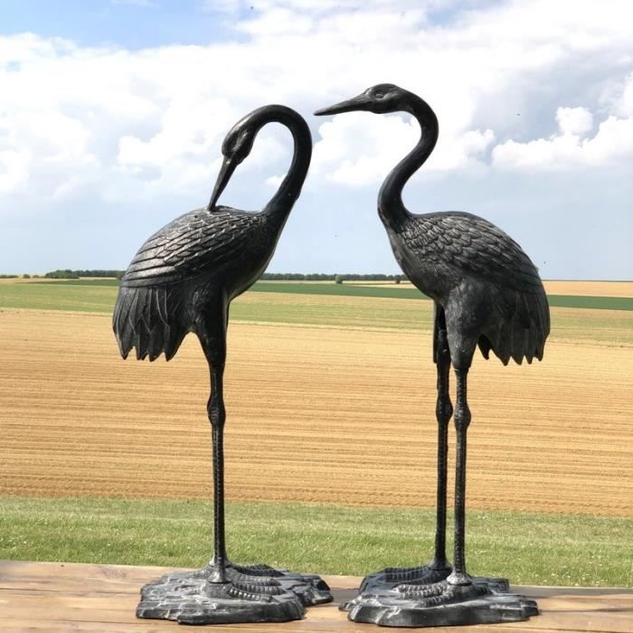 Couple de Héron Oiseaux Décoration Jardin d'Extérieur Fonte Alu Gris 75