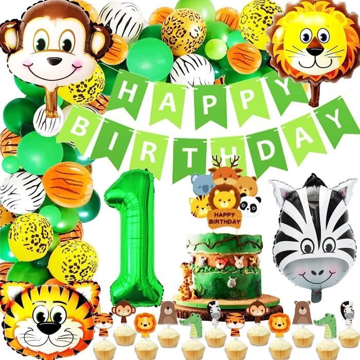 Décoration Anniversaire 1 An Safari - Kit Ballons Jungle Avec Numéro 1, Animaux (hérisson, Raton, écureuil, Cerf) Et Bannières