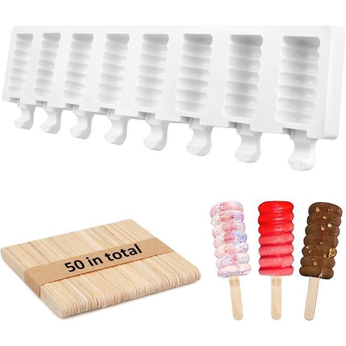2 Pièces Moule Glace Silicone Batonnet 26cm Moule Magnum Cake avec 200 Pièces Batonnet Glace 8 Cellules Moule Magnum Réutilisables pour DIY Crème Glacée Maison Cake Dessert