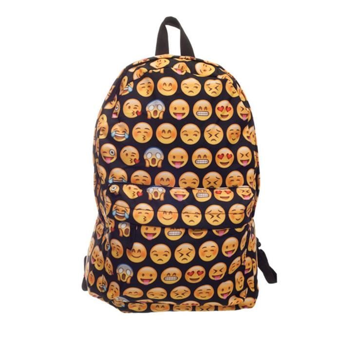 Sac Dos Emoji Cartable Toile Scolaire Voyage Femme Homme Noir TU