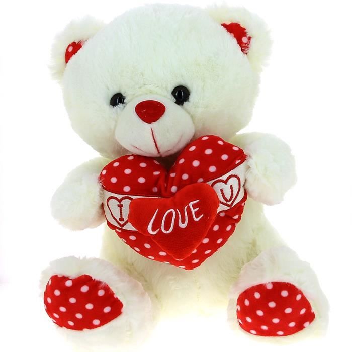 Nounours blanc a coeur rouge 45 cm Barrado Cdiscount Jeux Jouets