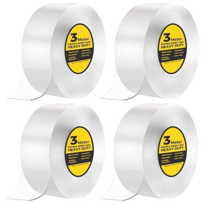 Ruban Adhésif Double Face Extra Fort Transparent - 3 Mètres X 2,3 Cm, Réutilisable Et Sans Trace