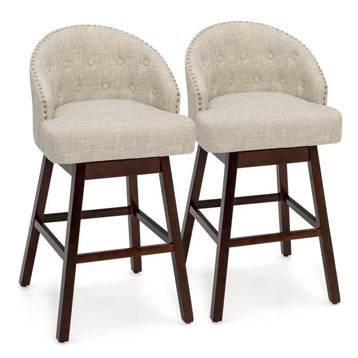 costway lot de 2 chaises de bar pivotantes, 55 x 53 x 105 cm, avec dossier rembourré, pieds en bois d'hévéa, charge max.160kg, beige
