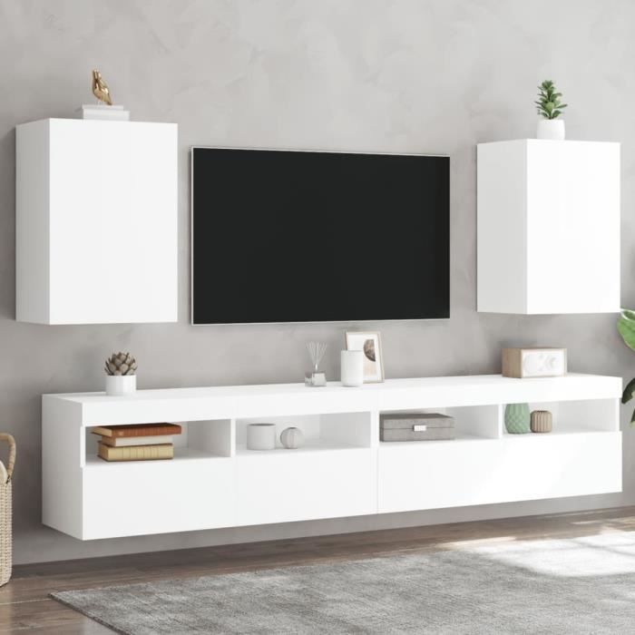Meuble TV mural - ESTINK - 2 pcs - Bois dingénierie - Blanc - 405x30x60 cm