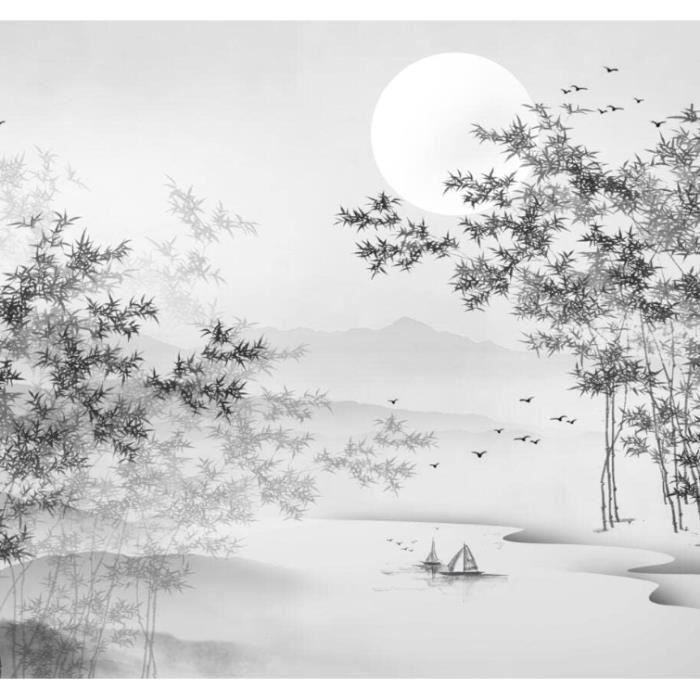 Papier Peint Panoramique Sur Mesure Soie 3d Paysage Chinois Noir Et ...