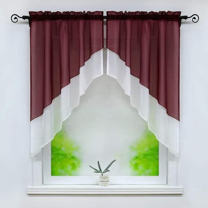 Lot de 2 Store romain bateau voilage fenêtre avec Galon Fronceur sans Percage Voile L-H 120x145cm-vin rouge