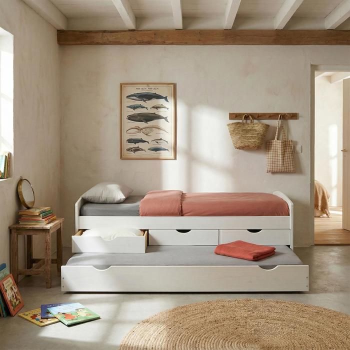 Lit gigogne avec rangements JESSY, 90 x 190 cm en pin massif lasur&eacute; blanc