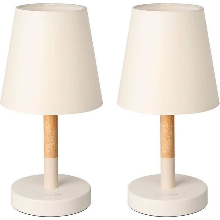 tomons lampe de chevet en bois une paire, lampe de table abat-jour en tissu, lampe led pour chambre, salon, dortoir, studio - beige