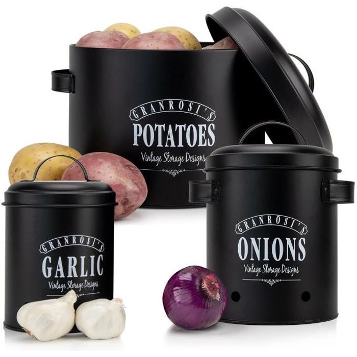 Klarstein Granrosi Georgia - Set de 3 pots de conservation pour ail, oignons et pommes de terre - design vintage - Noir