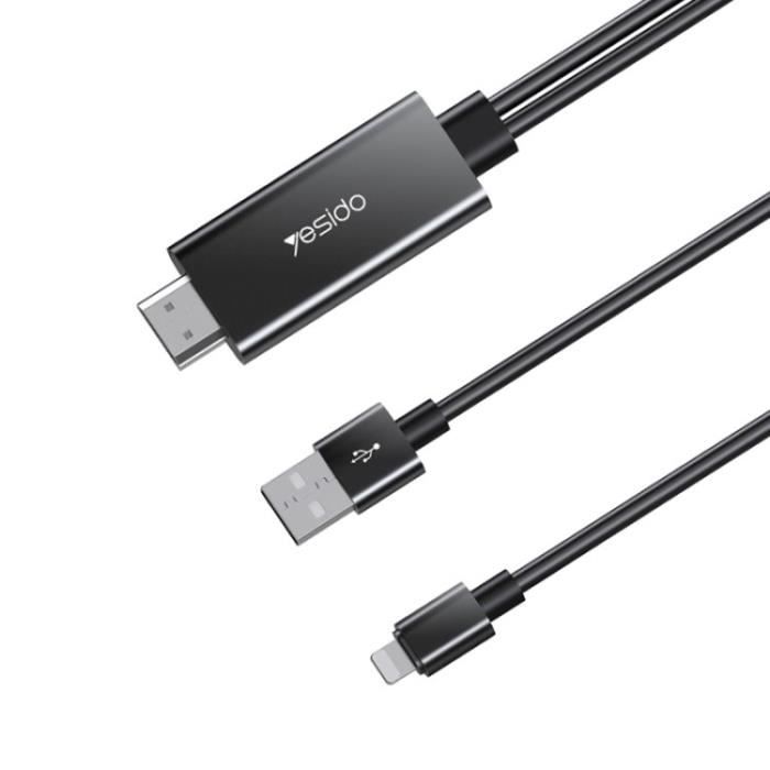 HM04 Câble adaptateur vidéo Lightning vers HDMI 1080P HD de 1,8 m avec  cordon d'alimentation USB