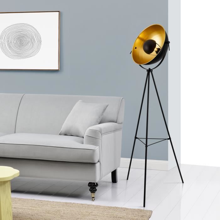 Lampadaire Trépied Angers E27 Métal Hauteur 158 cm Noir Laiton
