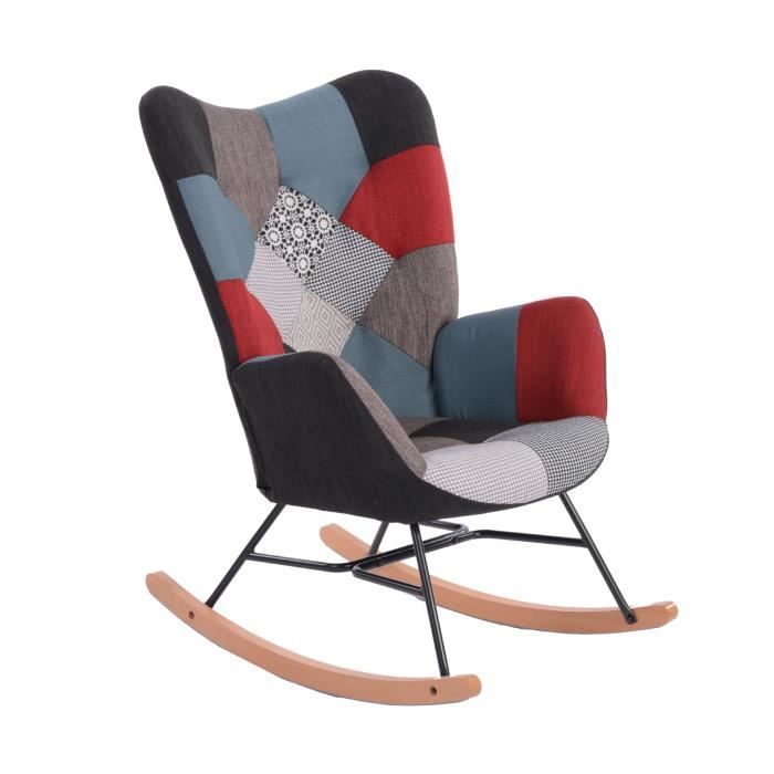 meubles cosy fauteuil à bascule,rocking chair,revêtement tissu patchwork,style scandinave,pour salon,chambre,balcon,70x76x99cm
