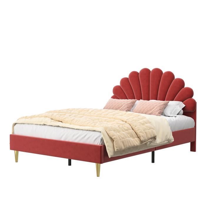 lit enfant misnode 140x200 cm, tête de lit en forme de pétale, tissu velours, sommier à lattes, pieds de lit en métal, rouge vin