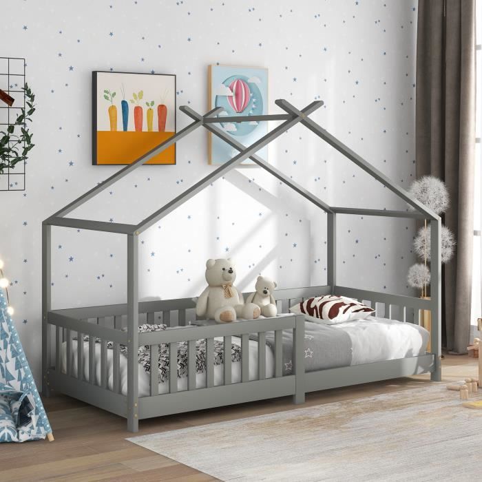 MODERNLUXE Lit cabane enfant avec barre de sécurité, 90 x 200 cm Lit en bois de pin avec barres de sécurité, gris