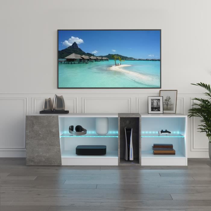 Mondeer Meuble TV, Meuble Télé LED avec 5 Compartiments Ouverts, 1 Porte, pour TV de 22 à 60,Blanc et Gris