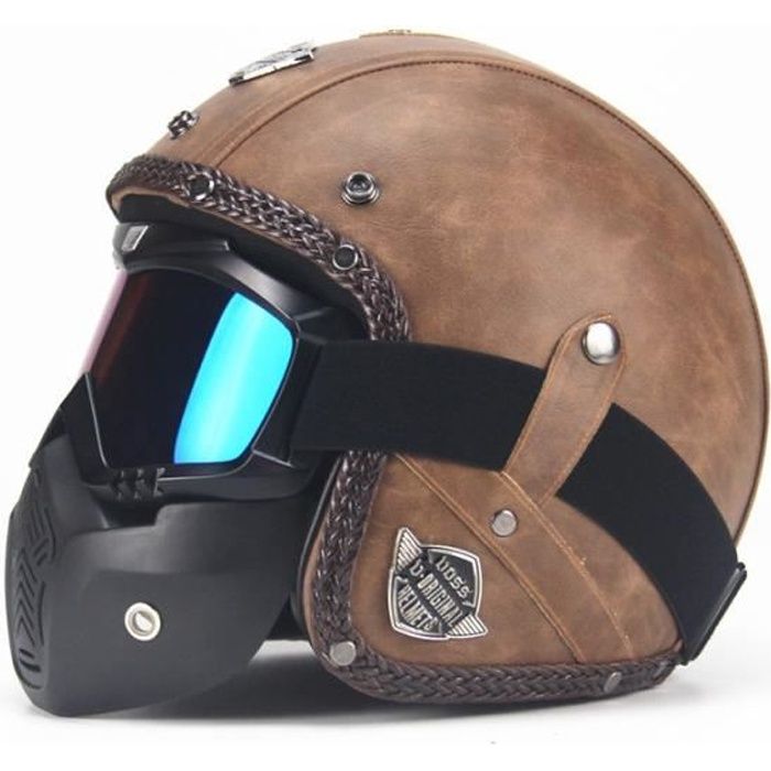 Casque moto bol scooter retro vintage cuir avec lunettes clearance