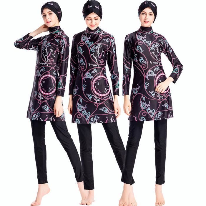 Maillot Musulman Modeste 3 Pièces Burkini Muslim Femme - Maillot De Bain Islamique Intégral Avec Hijab - Polyester Élasthanne Plus Size Maillot Islamique