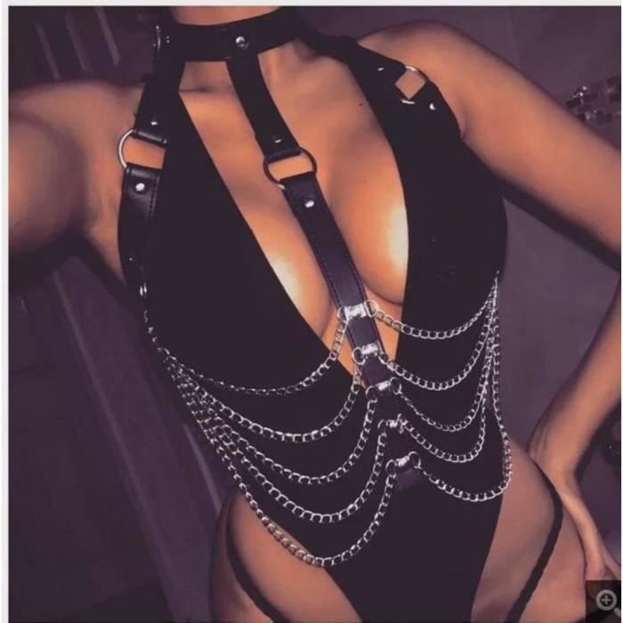 Harnais Chaîne Corps Punk Cuir Noir – Bikini Chaînes Poitrine Et Taille, Bijoux Rave Sexy Pour Femmes Et Filles