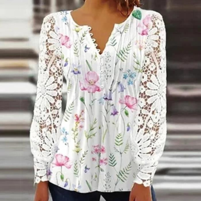 Chemise Chemisier brod en dentelle manches longues pour femme