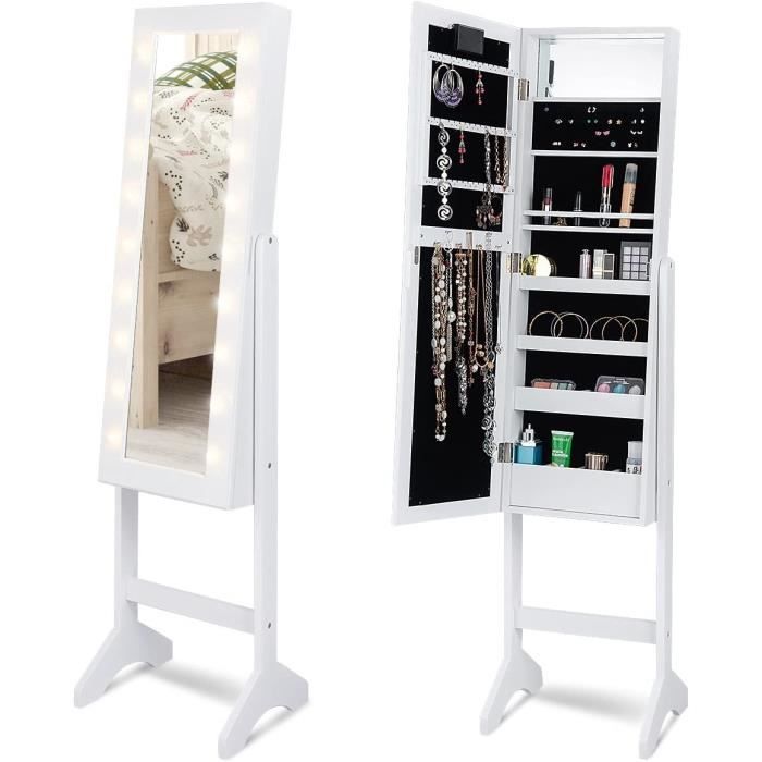Armoire à Bijoux avec Miroir - RELAX4LIFE - 18 Lumières LED - Miroir de Maquillage Intégré - Doublure en Velours - Blanc
