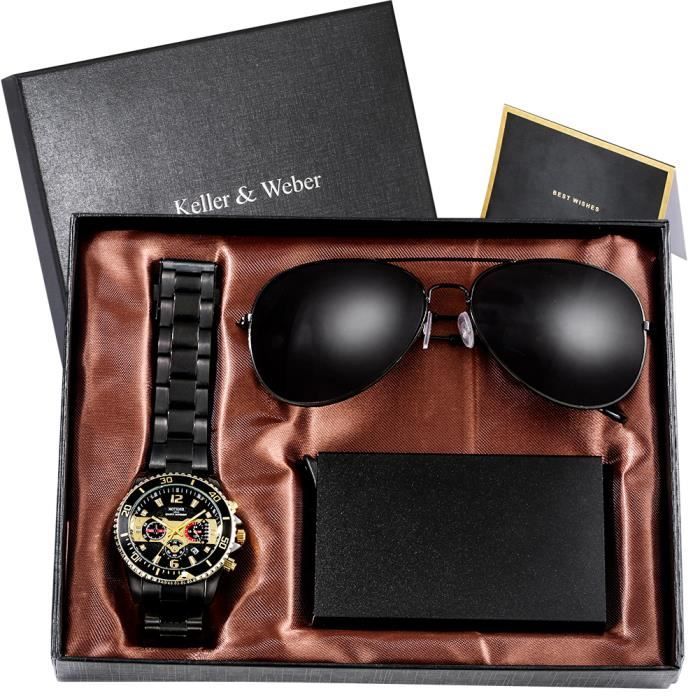 SHARPHY Coffret montre homme + lunettes de soleil homme - noir cool chronographe bracelet en acier cadeau de Noël