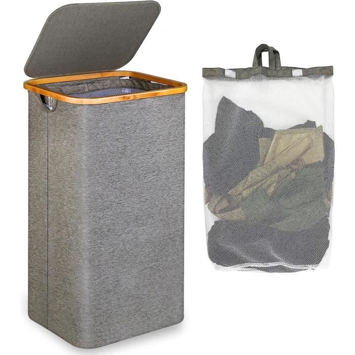 Efluky Panier à Linge Mince 63L Avec Couvercle - Beige, Pliable Avec Poignées Bambou Et Sac Amovible