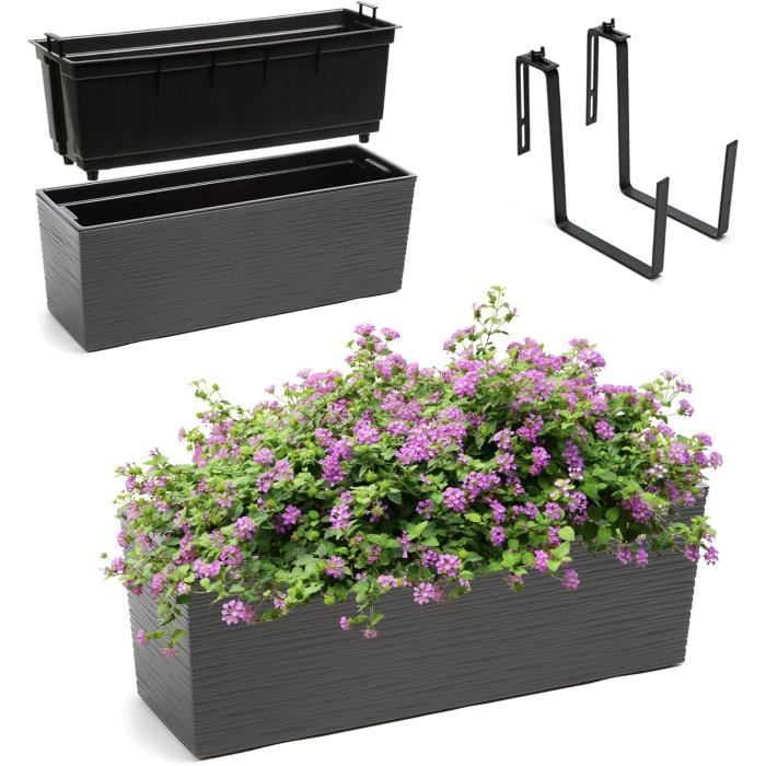 KADAX Lot De 4 Jardinières 40 Cm Anthracite - Bacs à Fleurs Balcon Avec Supports Et Soucoupe - Résistantes UV
