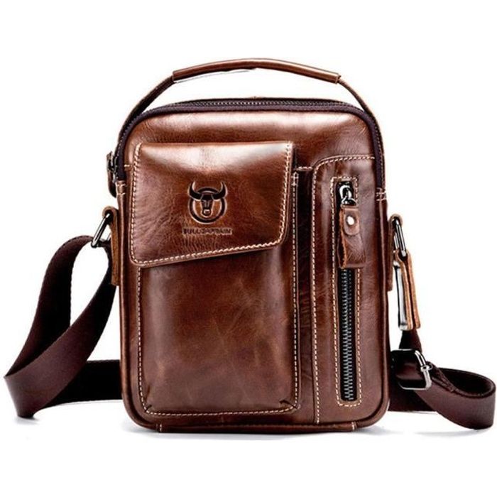 Sacoche Bandouliere Cuir Homme Veritable Petit Porte-Documents Avec Sangle  Réglable Brun