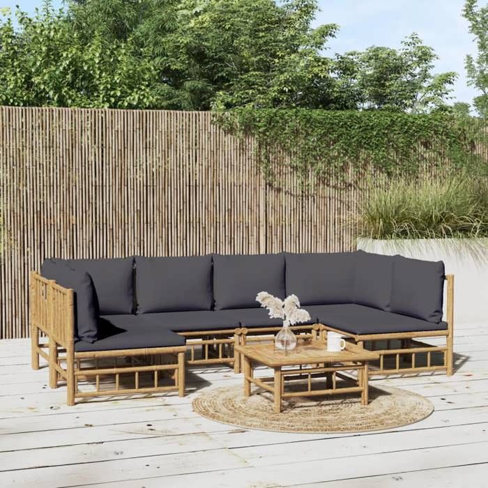 vidaXL Salon de jardin 7 pcs avec coussins gris foncé bambou ensemble de salon ensemble de salon extérieur 3155230