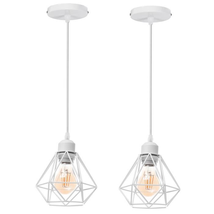 UNI Lot de 2 Lustre Suspension E27 16CM Cage Diamant en Métal Blanc Plafonnier Luminaire pour Couloir Escalier Chambre