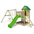 Aire de jeux en bois FATMOOSE JazzyJungle avec balançoire et toboggan vert pomme pour enfants de 3 à 12 ans-1