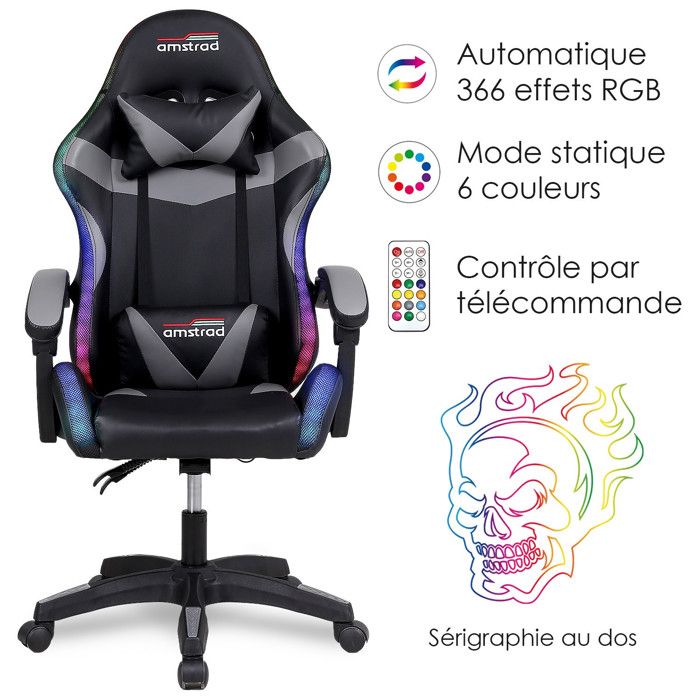 Fauteuil Gaming Amstrad Elite Avec éclairage LED - Noir Et Gris, Dossier Inclinable - 9