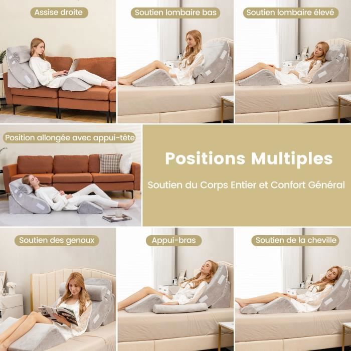 Lot de 4 coussins ergonomiques - Design multifonction 12 en 1 avec housse amovible et lavable pour dormir et lire