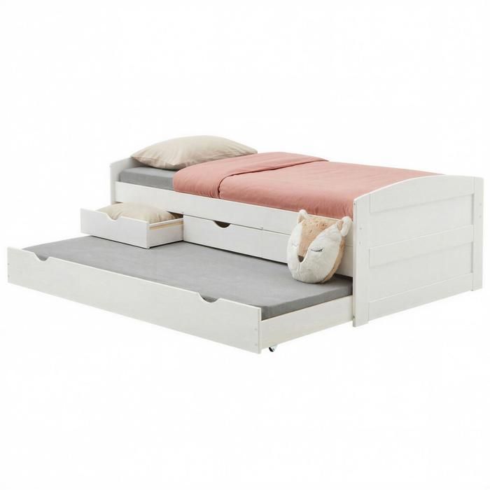 Lit Gigogne Enfant IDIMEX Jessy - Pin Massif Blanc, Avec Tiroir-lit Et 3 Tiroirs De Rangement 90x200cm