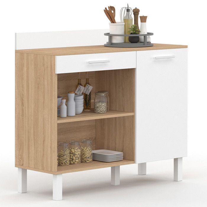 Buffet Bas De Cuisine 120 Cm Cina Plan De Travail H.83 Cm 2 Portes Tiroir Facon Hetre Et Blanc