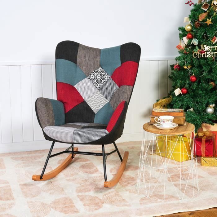Lot De 2 Fauteuils à Bascule - Design Scandinave, Tissu Patchwork, Pieds Bois Et Métal - Capacité 120 Kg - Pour Salon Ou Chambre