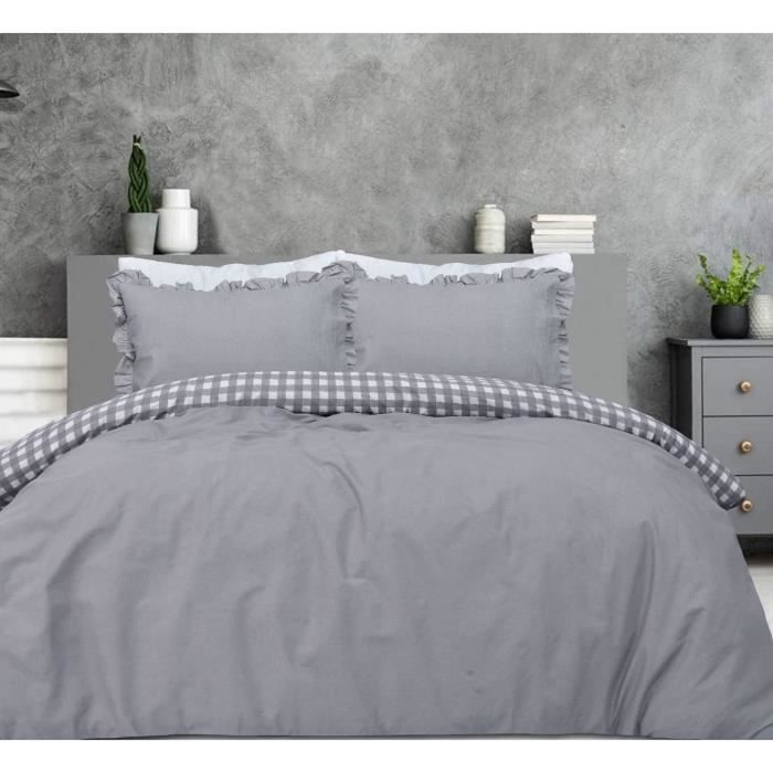 Parure Drap Couvre-lit Avec Jupe Volants Et Taies - Microfibre 180x200x40cm Bleu Acier