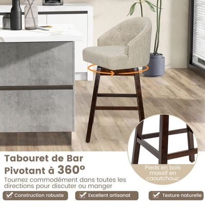 COSTWAY Lot De 2 Tabourets De Bar Extérieur - Tissu Beige, Cadre Métal, Accoudoirs, Repose-pieds - 76x62x130 Cm, Max 150 Kg - 8