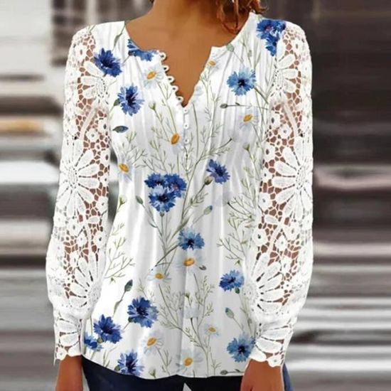 Chemisier brode en dentelle a manches longues pour femme Vintage Col en V Fleurs Decontracte Blanc Cdiscount Pret a Porter